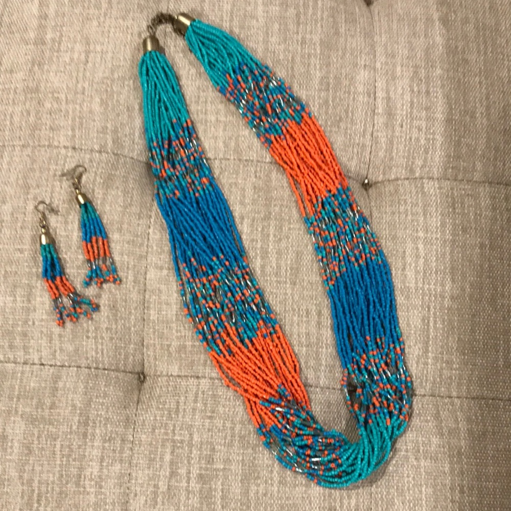 Bead necklace with matching beaded earrings.